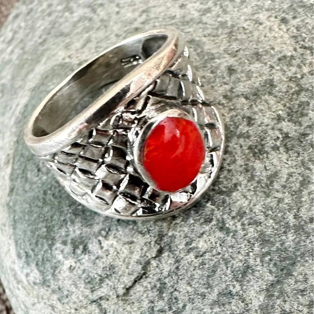 Sterling‎ Silver Red Coral Ring Statement Band Textured Boho Jewelry 925 Sz 6